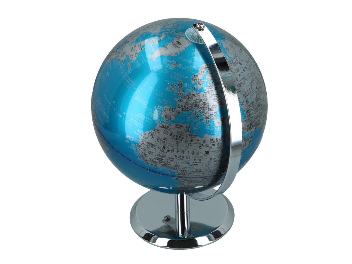 Grote decoratieve wereldbol in blauw-zilveren kleur met mogelijkheid tot personalisatie met gravure, 23 cm hoog