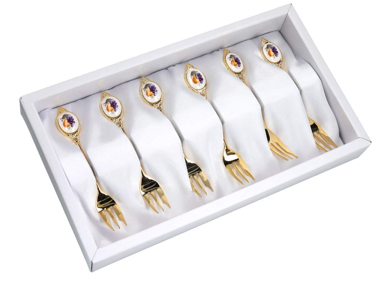 Set van 6 gebaksvorkjes, met 24K goud vergulde gebaksvorkjes, fruitmotief