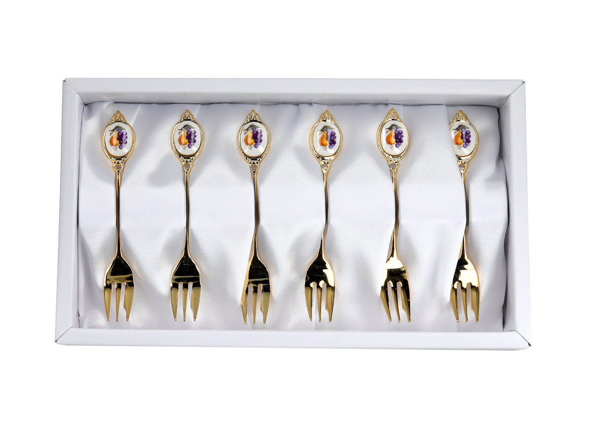 Set van 6 gebaksvorkjes, met 24K goud vergulde gebaksvorkjes, fruitmotief