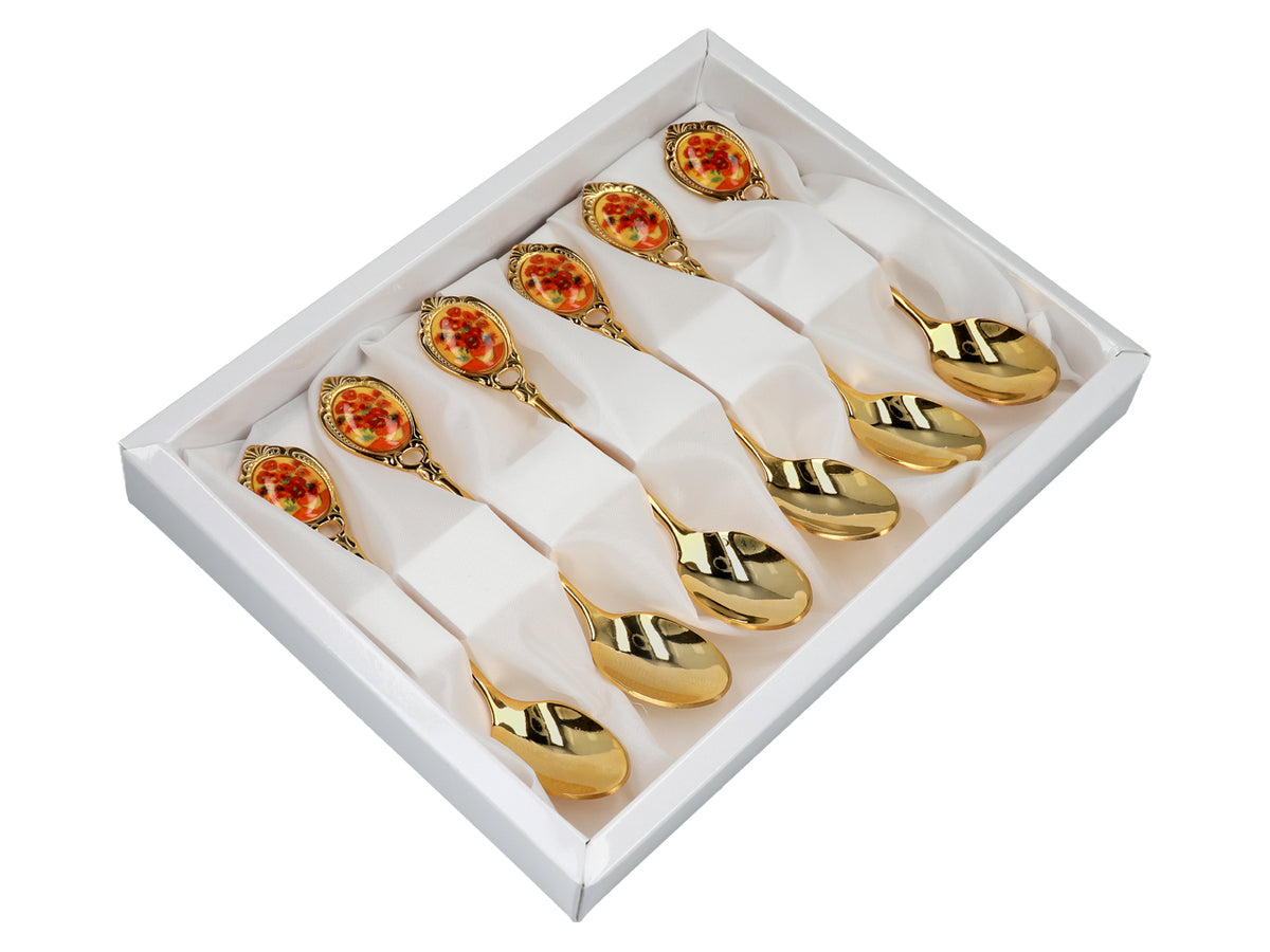 Set van 6 gouden lepeltjes met motief van Zonnebloemen van Vincent van Gogh