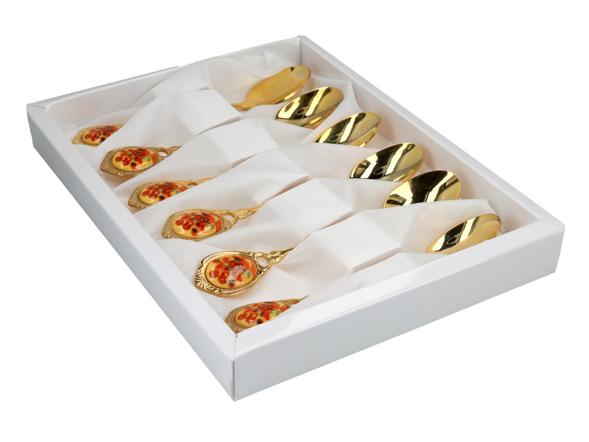 Set van 6 gouden lepeltjes met motief van Zonnebloemen van Vincent van Gogh