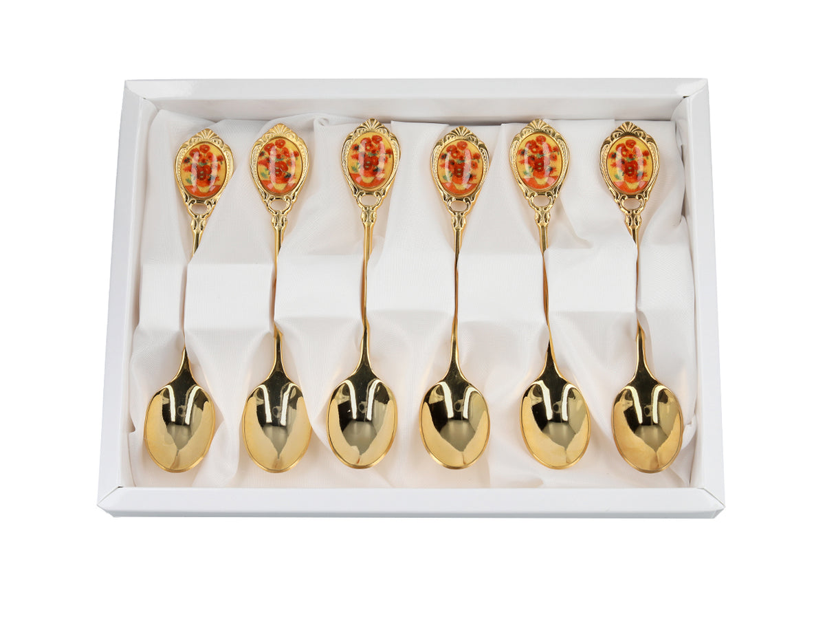 Set van 6 gouden lepeltjes met motief van Zonnebloemen van Vincent van Gogh
