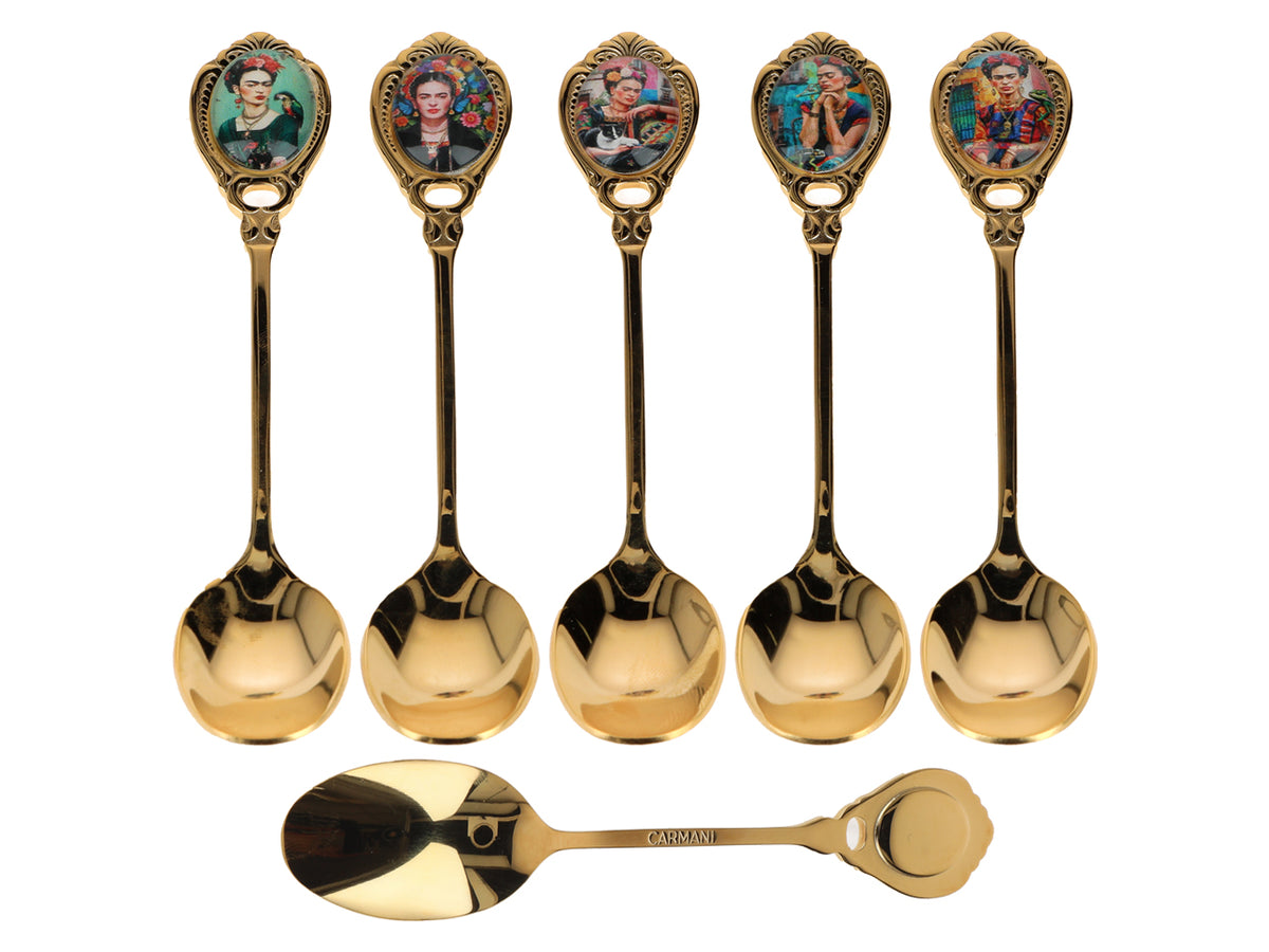 Set van 6 lepeltjes bekleed met 24K goud F. Kahlo met mogelijkheid tot personalisatie met gravure - elegant bestek als cadeau, 13 cm, CARMANI