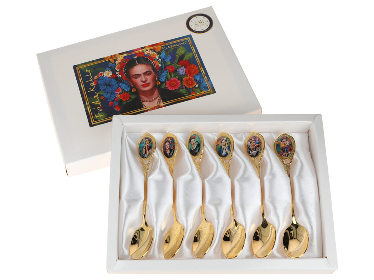 Set van 6 lepeltjes bekleed met 24K goud F. Kahlo met mogelijkheid tot personalisatie met gravure - elegant bestek als cadeau, 13 cm, CARMANI