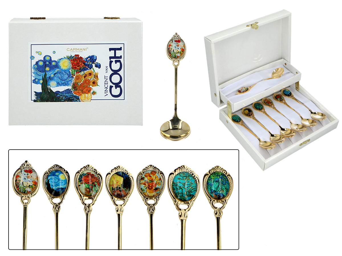 Set van 6 lepeltjes bekleed met 24K goud met 1 suikerlepel - V. van Gogh, mix, mogelijkheid tot personalisatie met gravure, elegante cadeauverpakking, afmetingen 13 cm