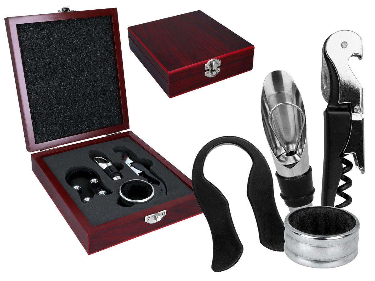 Set voor het openen van wijn in een elegante houten doos met mogelijkheid tot personalisatie met gravure