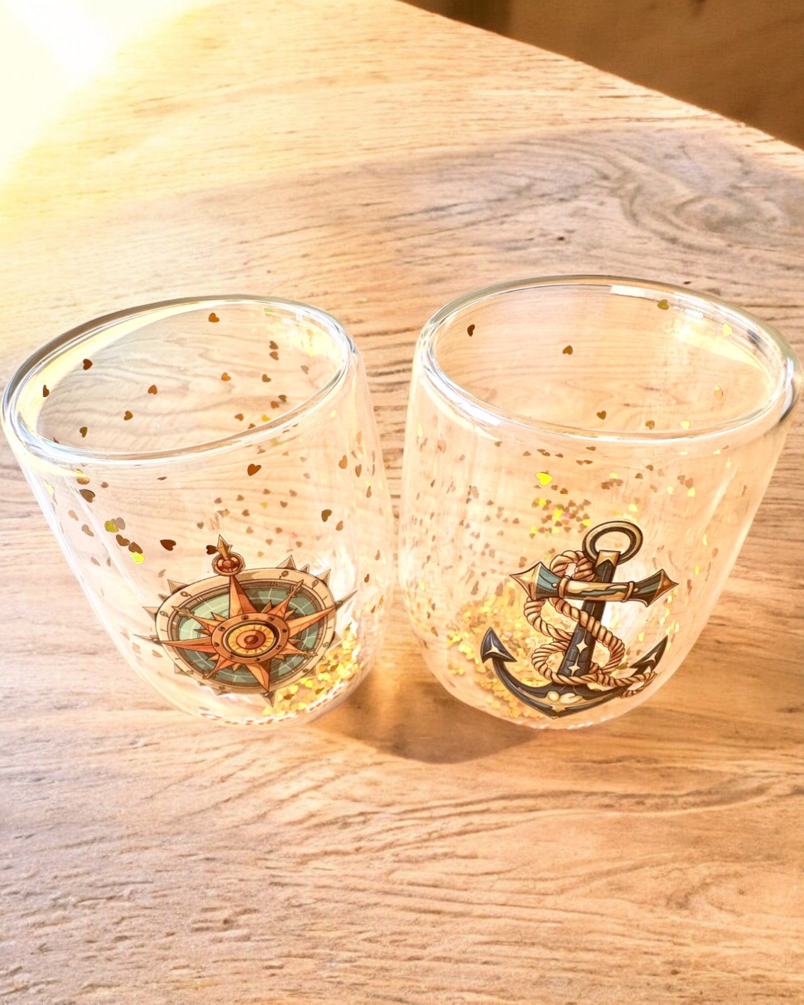 Dubbelwandige glazen "Nautical Dreams" met gouden vlokken - set van 2 stuks, 300 ml inhoud, mogelijkheid tot personalisatie met gravure