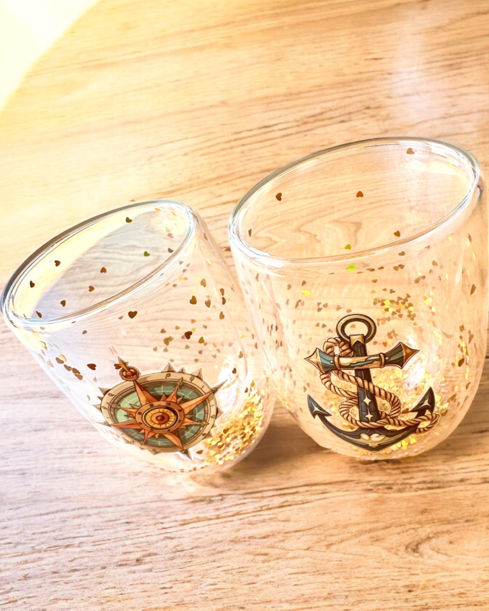 Dubbelwandige glazen "Nautical Dreams" met gouden vlokken - set van 2 stuks, 300 ml inhoud, mogelijkheid tot personalisatie met gravure