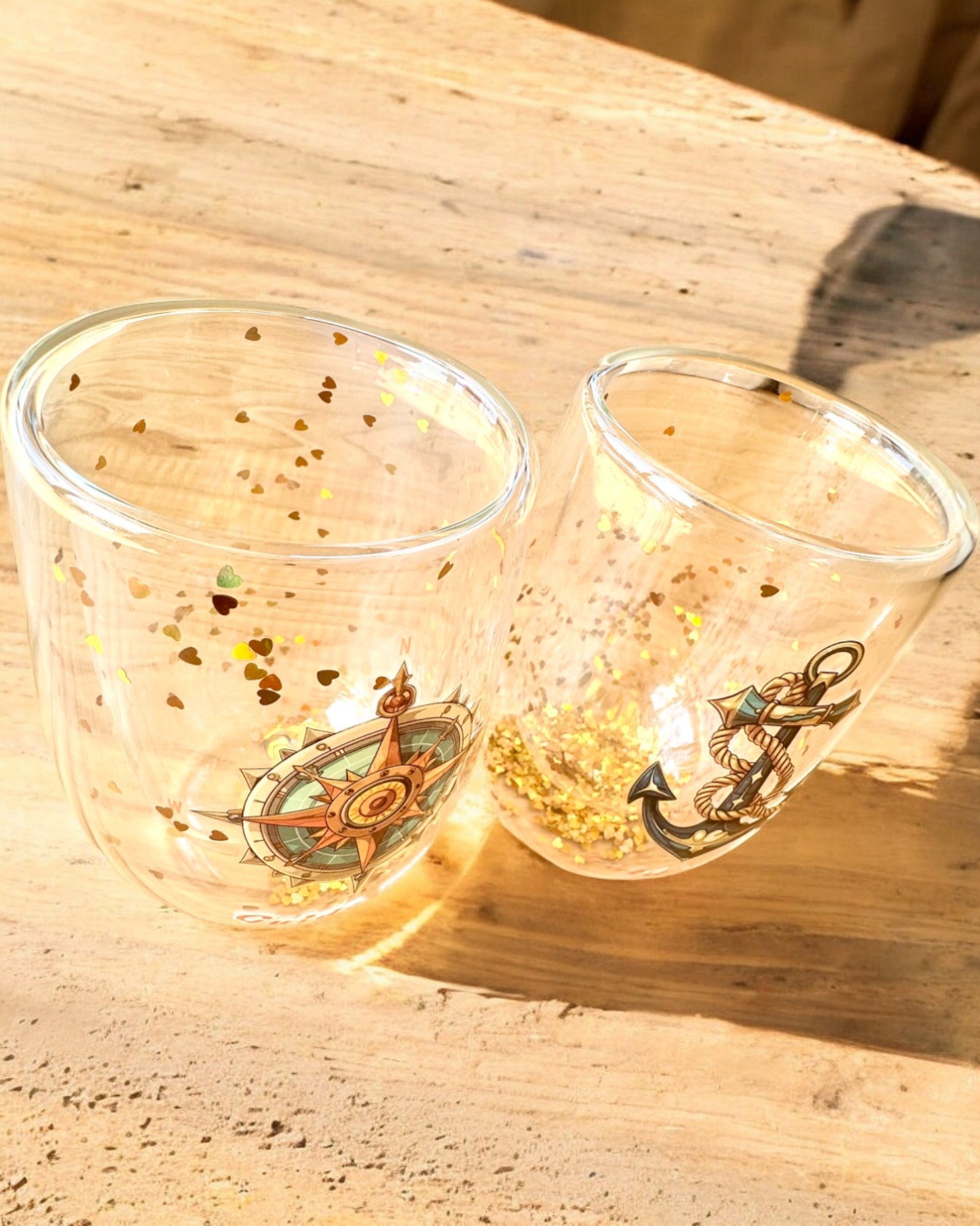 Dubbelwandige glazen "Nautical Dreams" met gouden vlokken - set van 2 stuks, 300 ml inhoud, mogelijkheid tot personalisatie met gravure