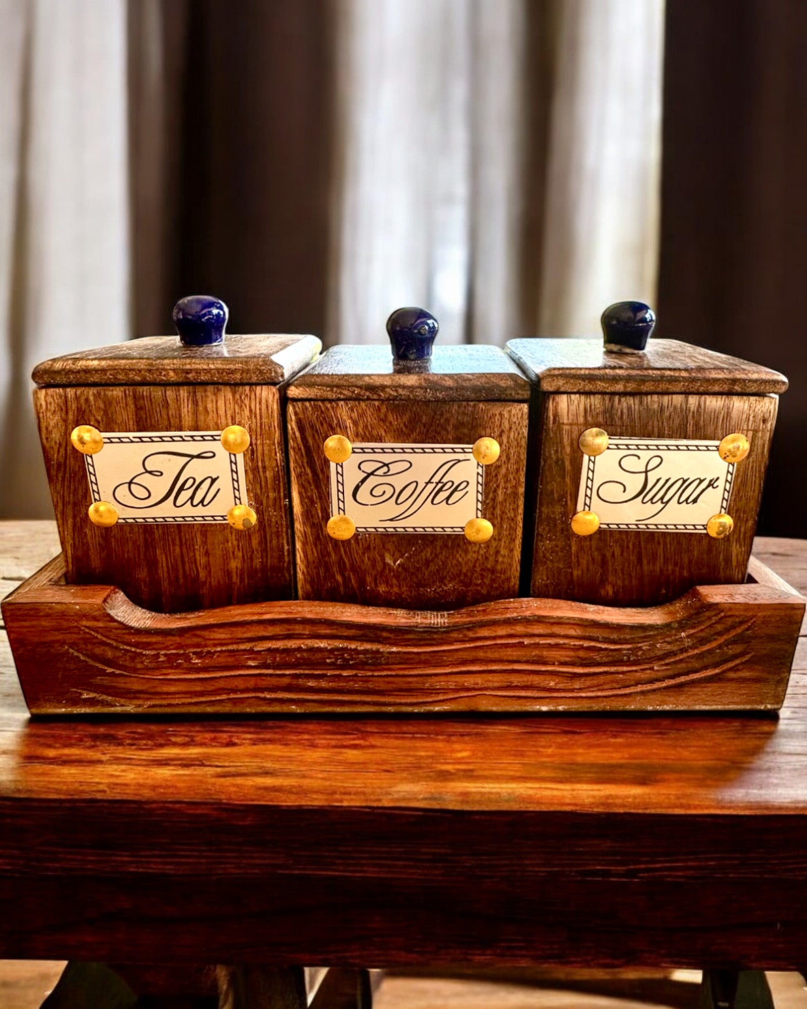 Set Royal Trio – Thee, Koffie, Suiker van Shisham hout, handgemaakt, met optie voor gravure als cadeau