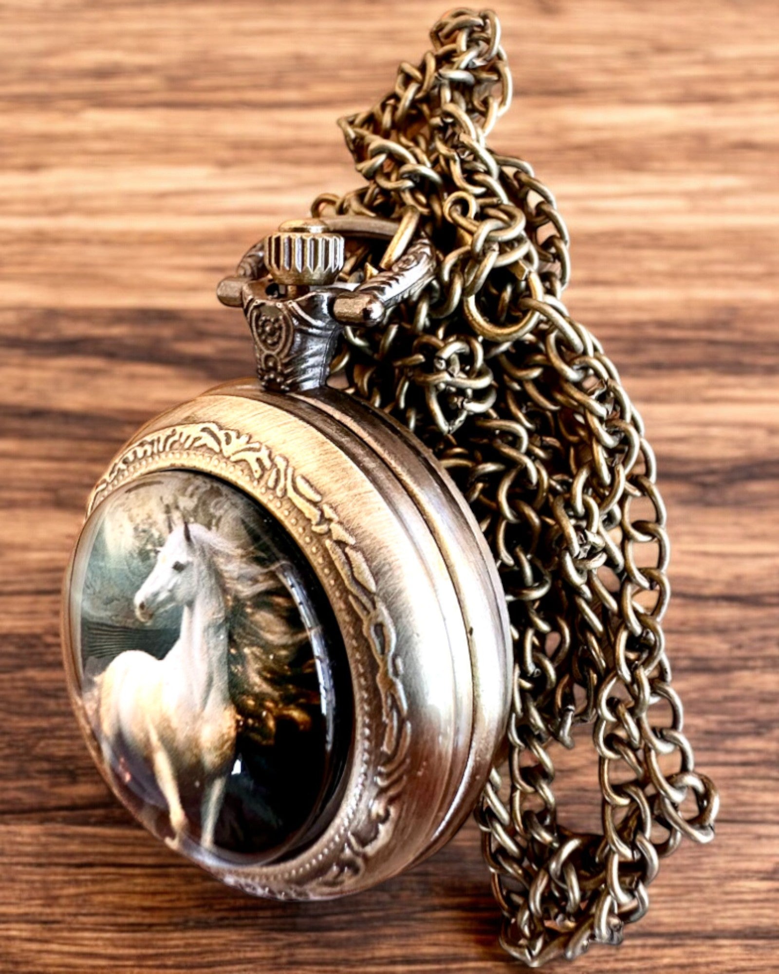 Zakhorloge Unicorn Elegance met ketting, eenhoornmotief, gratis graveren op bestelling