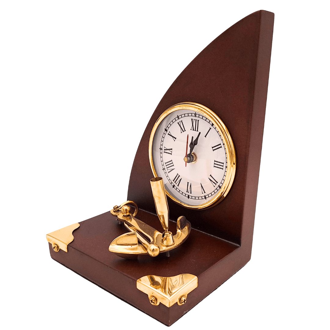 Elegante maritieme bureauset met klok en pennenhouder van messing en gelakt hout – personalisatie met gravure – ideaal cadeau voor een baas of liefhebber van vintagestijl – afmetingen 16 x 12,5 x 23 cm