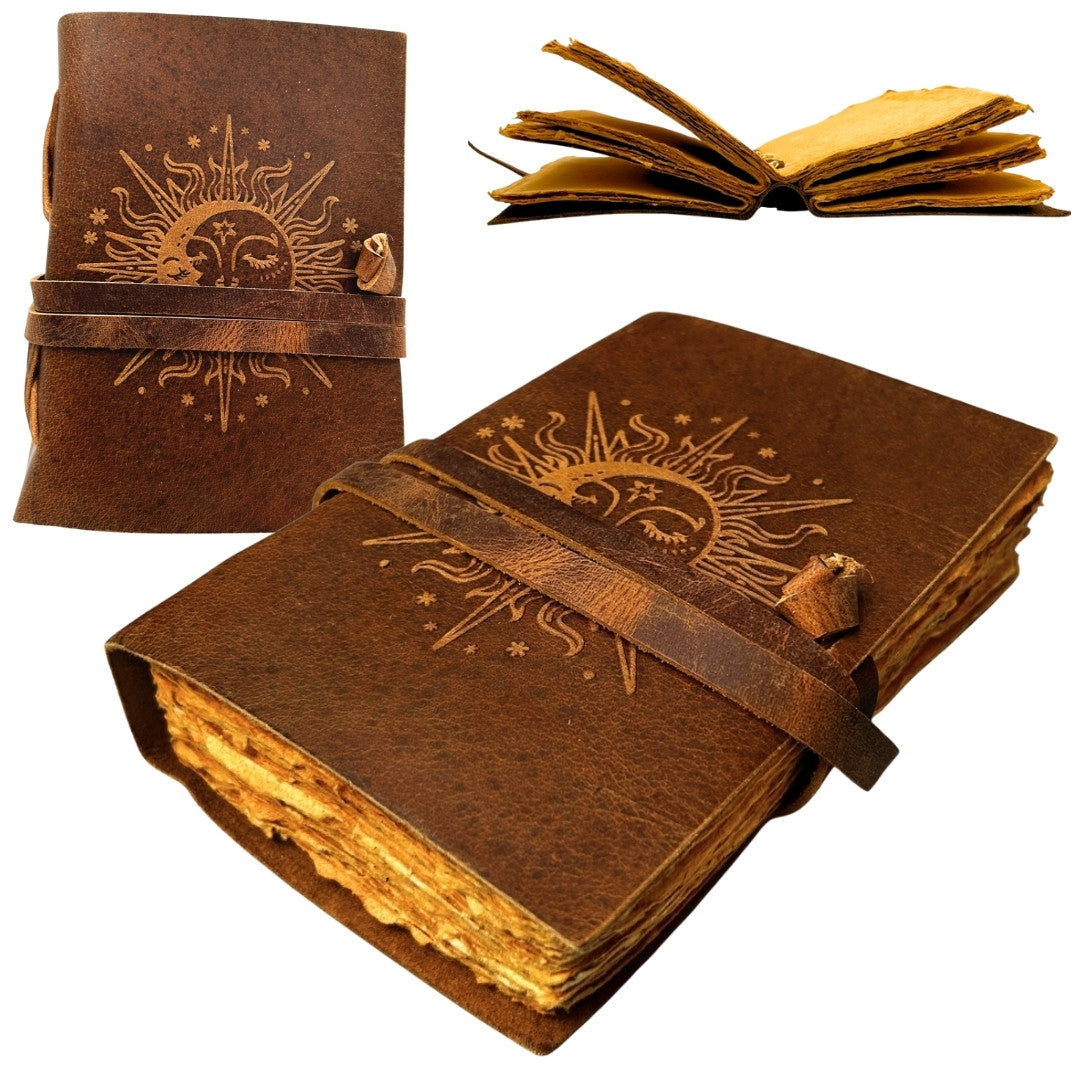 Vintage leren notitieboek 200 pagina’s met gravure - zon en maan - natuurlijk buffelleer - ideaal als cadeau - 18x13 cm - elegant dagboek met 150 GSM papier