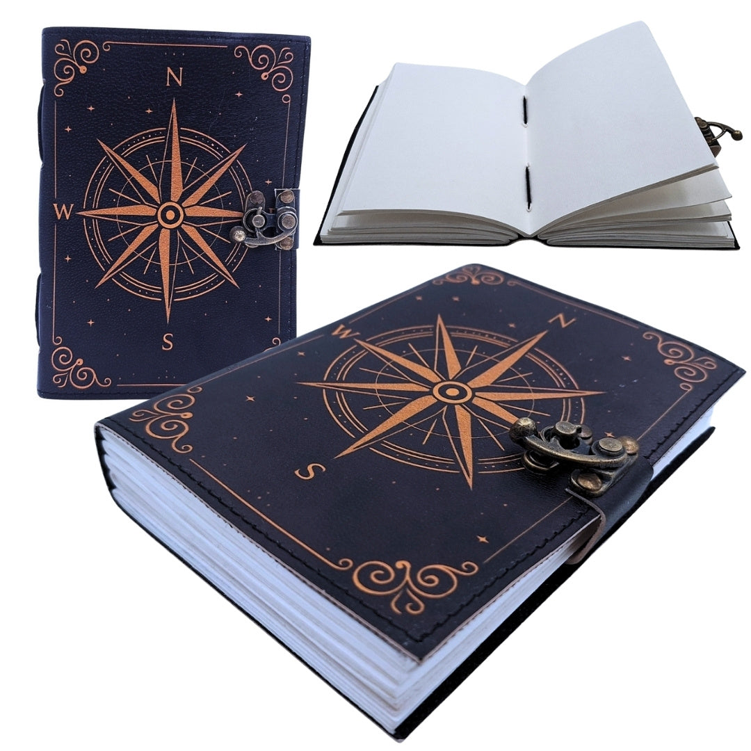 Leren notitieboek Kompasroos Retro zwart goud met gepersonaliseerde gravure