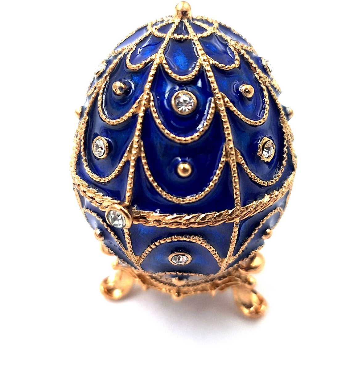 Exclusief metalen doosje met kristalletjes in de vorm van een Fabergé-ei, marineblauw-goud, 5,5x6,5cm met mogelijkheid tot personalisatie door gravure