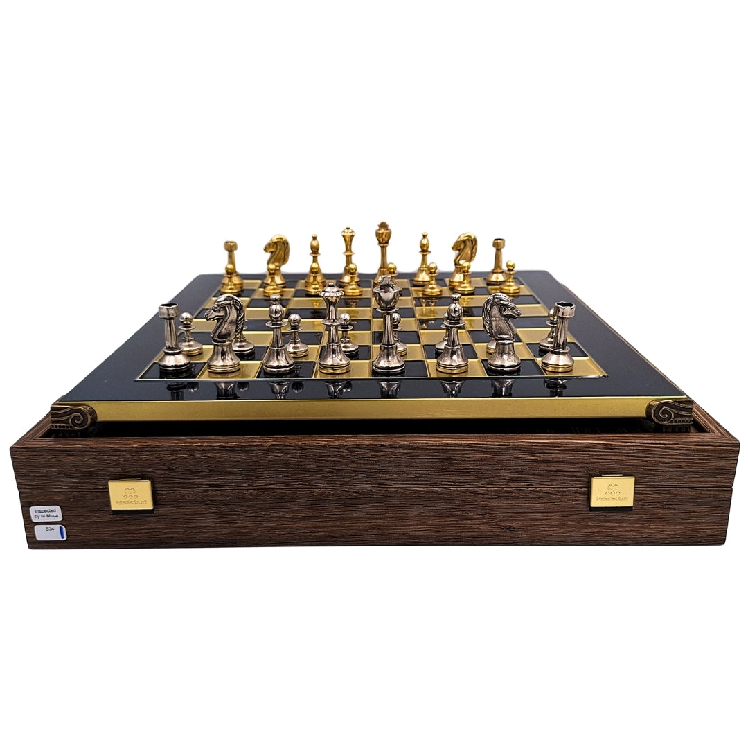 Exclusief groot klassiek metalen schaakspel Stauton S34 met gravure