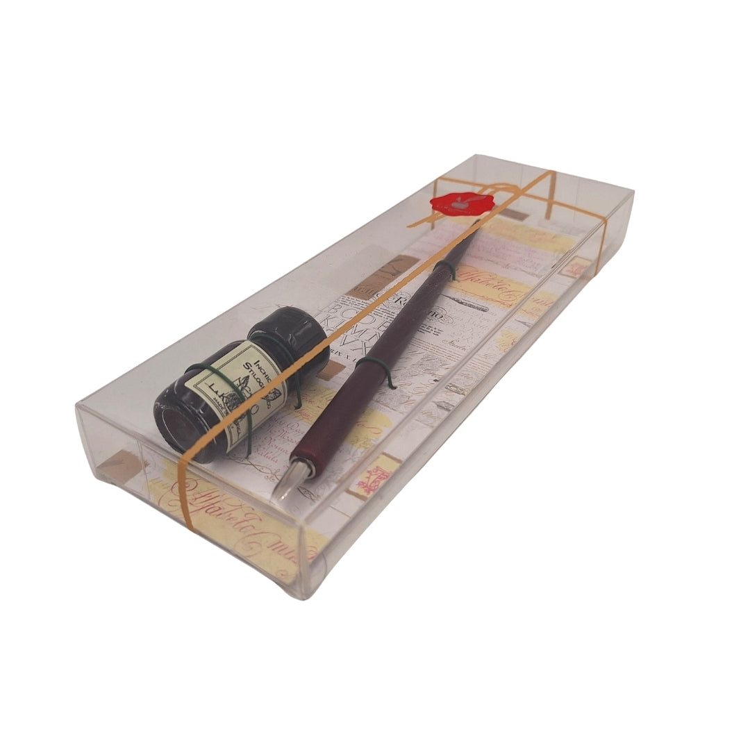 Elegante kalligrafieset met houten pen en zwarte inkt, mogelijkheid tot personalisatie met gravure, ideaal als cadeau voor liefhebbers van de schrijfkunst, in decoratieve verpakking 7,5 x 22 x 3 cm