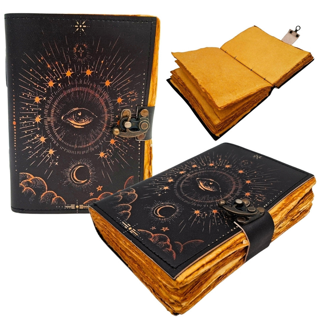Kosmisch oog-notitieboek met gravure - retro leren notitieboek met 200 pagina’s geel papier van geitenleer