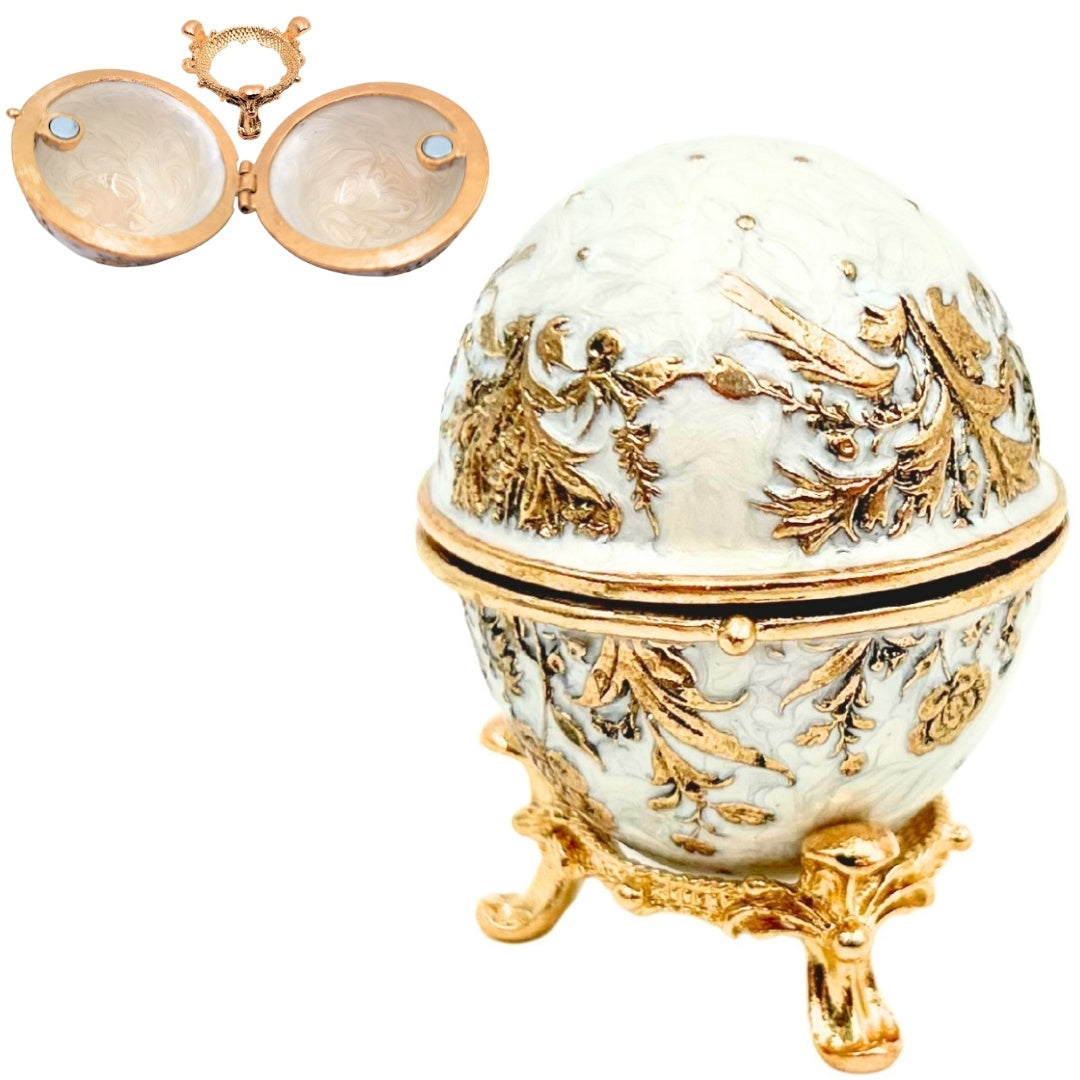Exclusief metalen Fabergé-ei-sieradendoosje met kristalletjes in wit-gouden kleur met mogelijkheid tot personalisatie met gravure