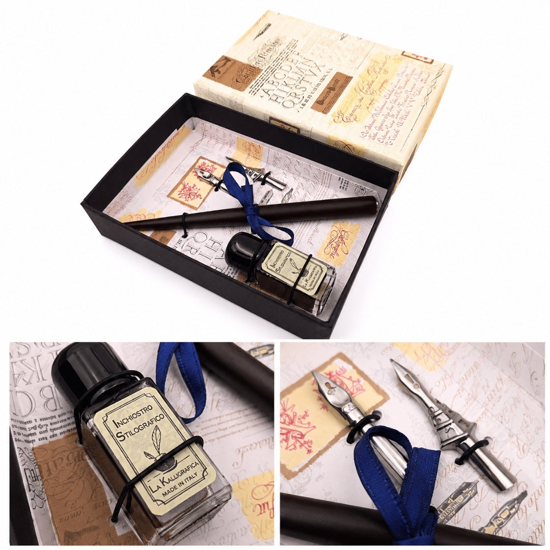 Kalligrafieset met gepersonaliseerde gravure - Italiaanse pen met twee penpunten en inktpot, ideaal als cadeau - elegante verpakking 12.5x8,5x3cm