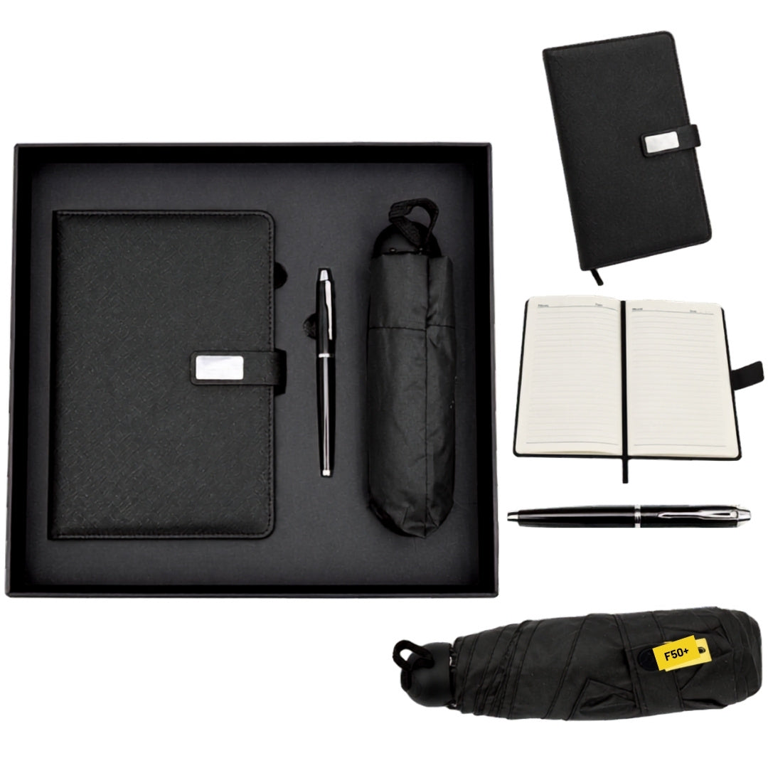 Elegante geschenkset - leren notitieboek met paraplu en pen in geschenkdoos - EE12