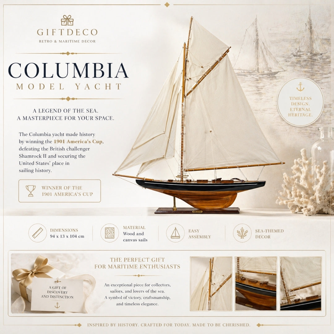 Model van het jacht Columbia met gaffeltuigage, hoogte 104 cm, houten, met mogelijkheid tot personalisatie door gravure