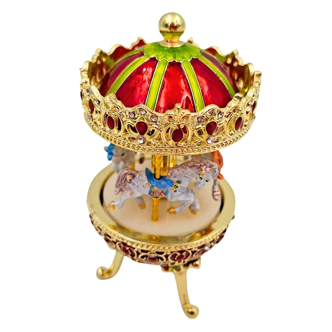 Muzikale carrousel-speeldoos met gravure - elegante decoratie in goud en rood, 14 cm