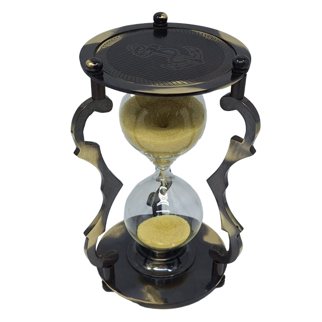 Elegante antieke messing zandloper 5 min met gravure
