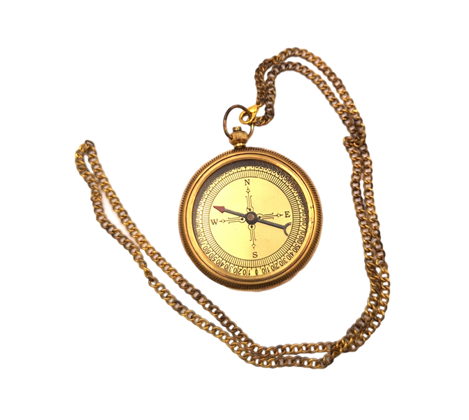 Messing kompas aan ketting in leren etui met mogelijkheid tot personalisatie met gravure