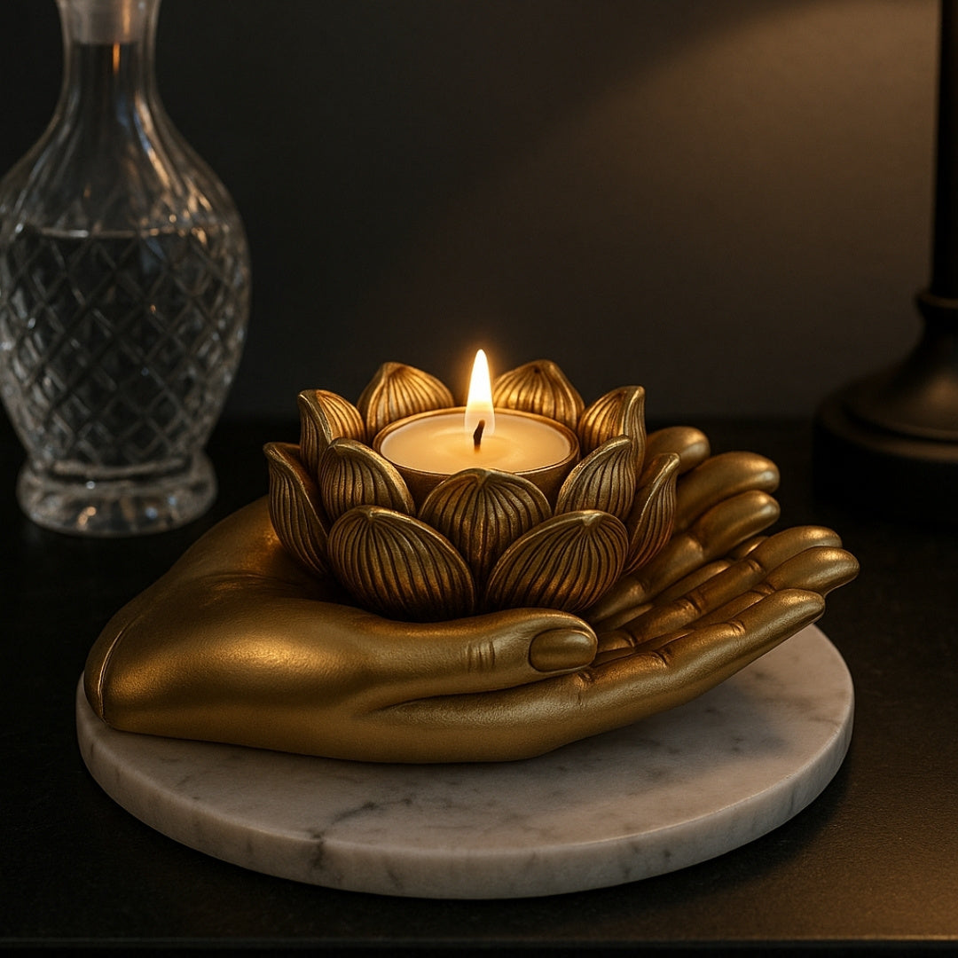 Gouden glamour-theelichthouder met mogelijkheid tot personalisatie met gravure – Elegant decoratief interieurelement met afmetingen 11,5 x 9,4 x 4,8 cm van polyresin