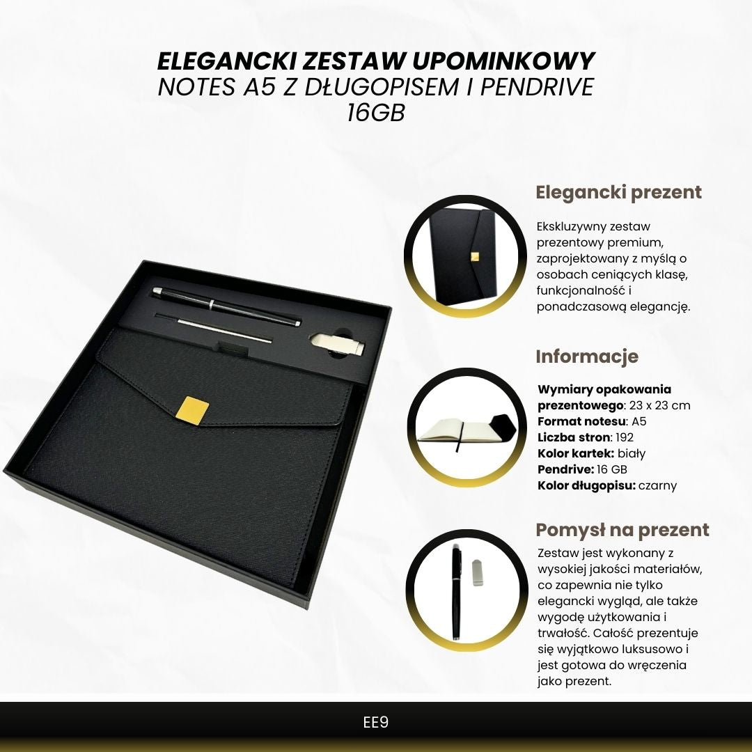 Elegante premium cadeauset met personalisatie – leren A5-notitieboek, pen en USB-stick 16GB in zwart-gouden doos