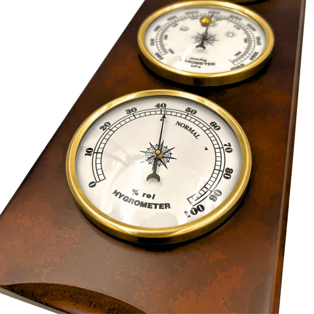 Elegant retro-weerstation 36cm met gravure – barometer, thermometer, hygrometer in houten behuizing