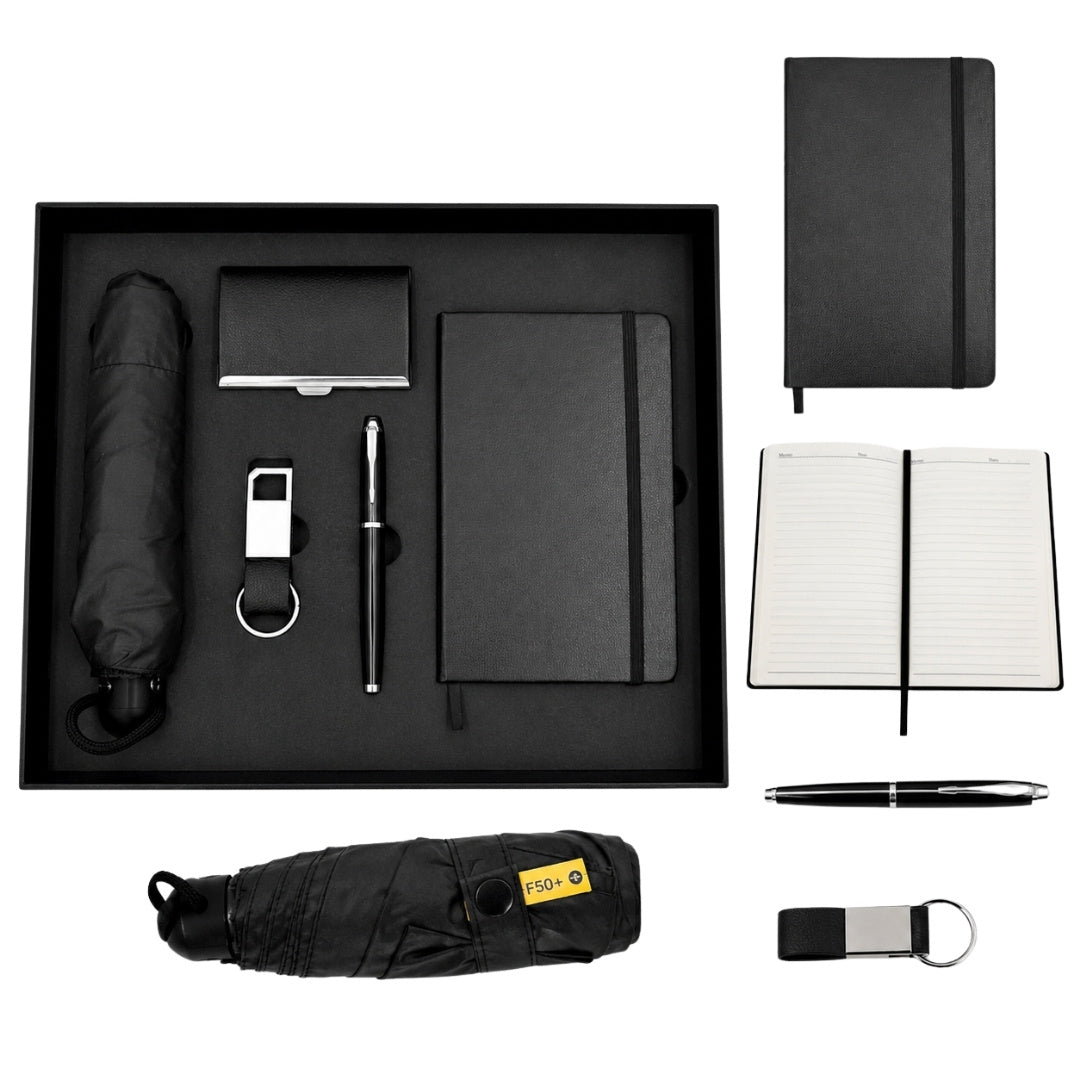 Elegante premium zakelijke geschenkset - leren notitieboek paraplu visitekaarthouder pen sleutelhanger - EE15
