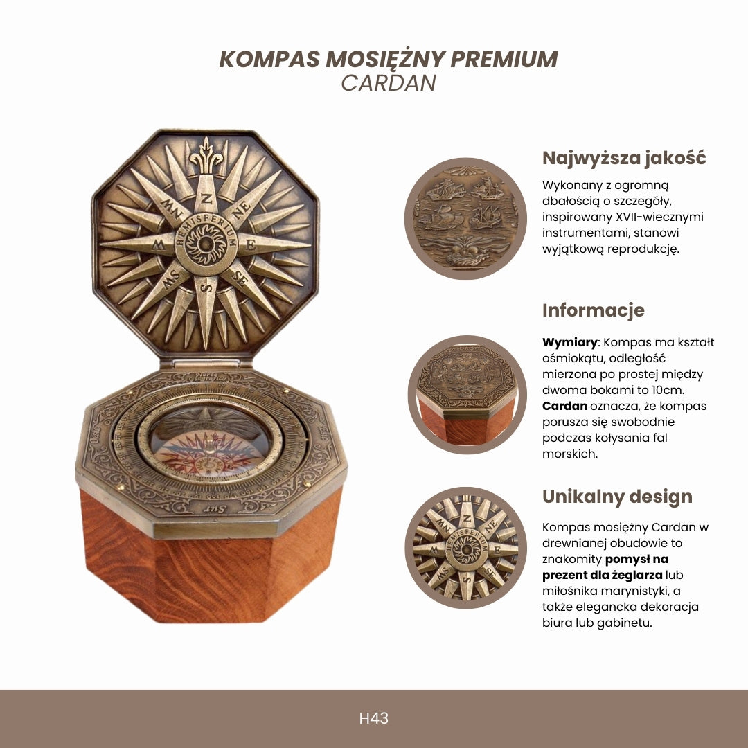 Exclusief magnetisch kompas Cardan H43 van messing en hout met gepersonaliseerde gravure