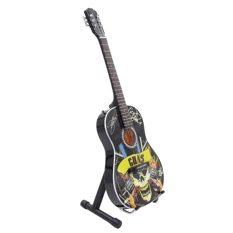 Mini klassieke gitaar Guns N' Roses Tribute MGT-3124 met mogelijkheid tot personalisatie met gravure, ideaal als cadeau voor een gitarist, gemaakt van mahoniehout, hoogte 25 cm