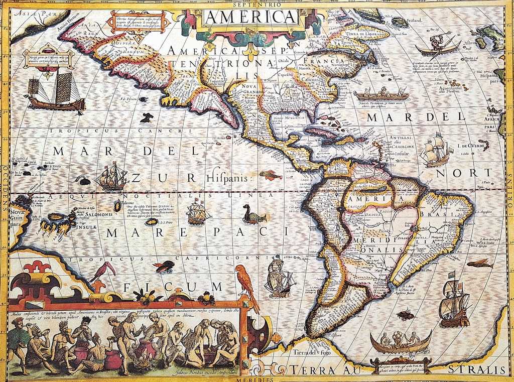 Kaart van Amerika 1628 - J. Hondius-reprint met mogelijkheid tot personalisatie met gravure - ideaal cadeau voor reizigers en geschiedenisliefhebbers - afmetingen 37,5 x 50 cm