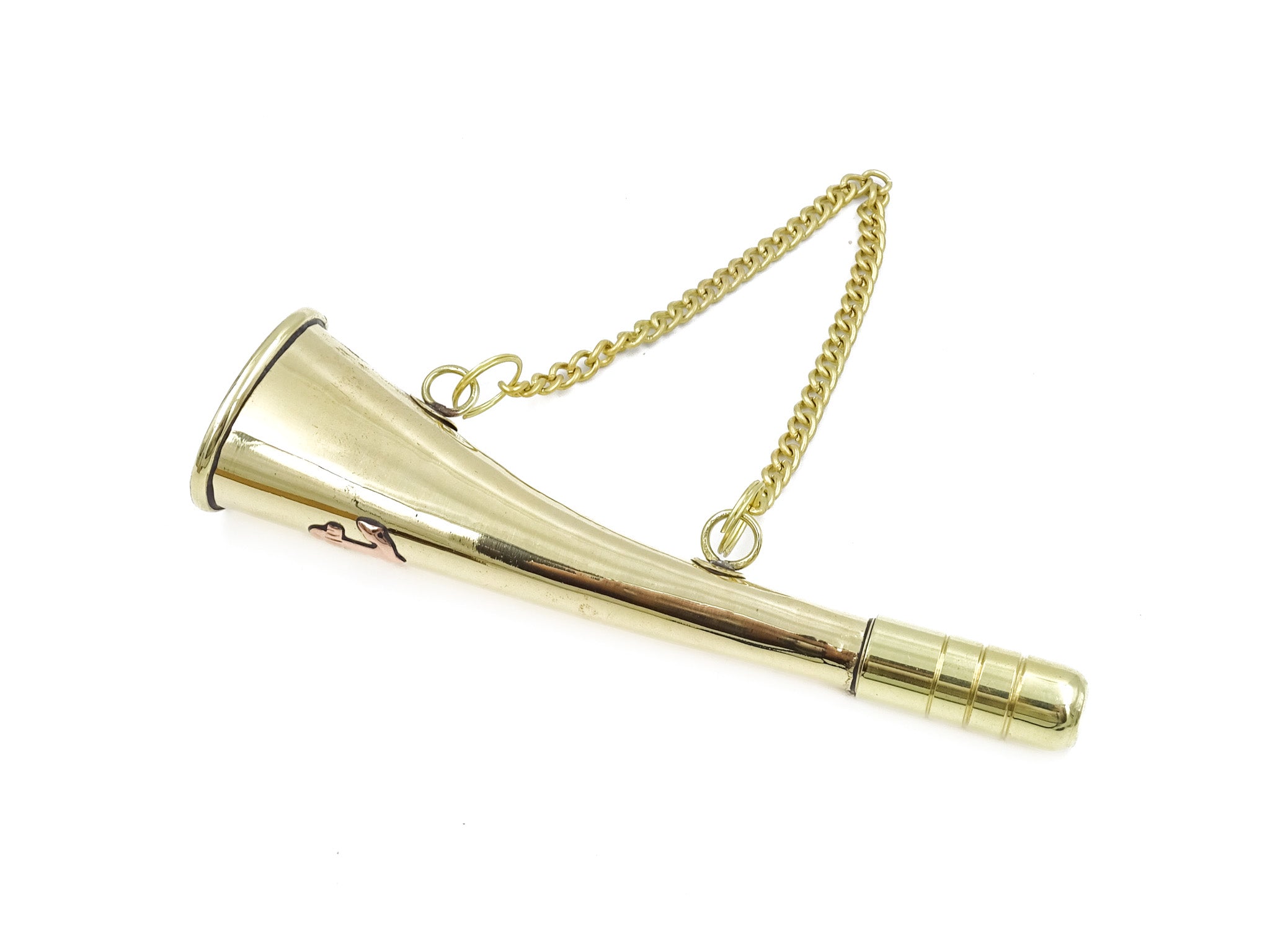 Kleine messing signaalhoorn met ketting MIW135 met mogelijkheid tot personalisatie met gravure
