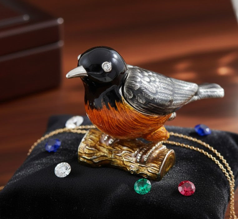 Metalen doosje in de vorm van een vogeltje met kristalletjes, gepersonaliseerd met gravure, ideaal als cadeau - zwart, zilver, bruin, oranje, afmetingen 5x6x5cm, materiaal: metaal, email, kristal