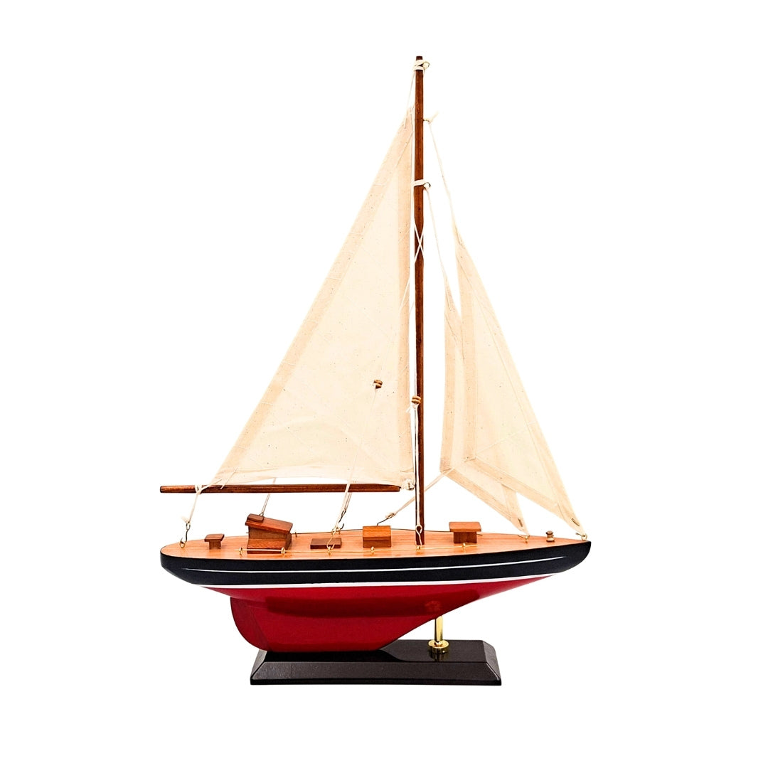 Elegant houten model van een zeiljacht 30 cm met personalisatie met gravure