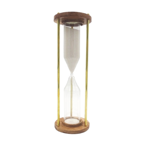 Messing-houten zandloper 30min met mogelijkheid tot personalisatie door gravure - elegant cadeau voor elke gelegenheid, hoogte 30,5cm, wit zand, klassieke materialen