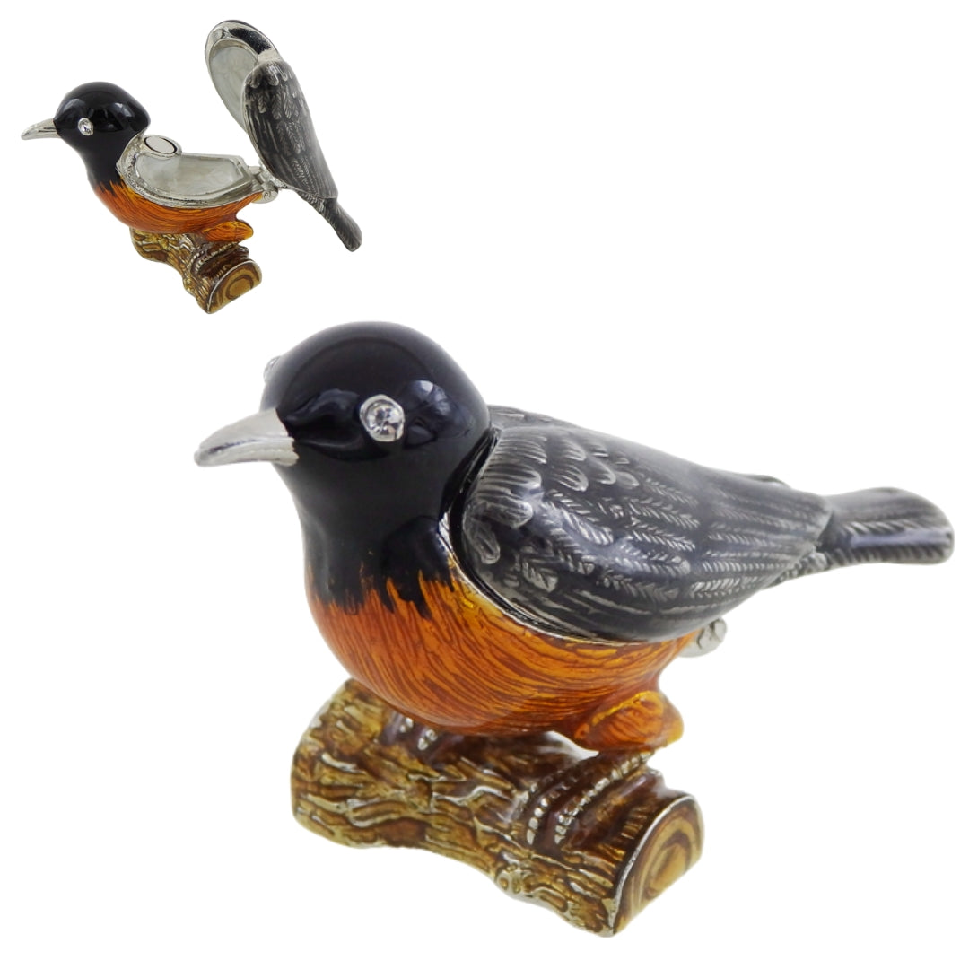 Metalen doosje in de vorm van een vogeltje met kristalletjes, gepersonaliseerd met gravure, ideaal als cadeau - zwart, zilver, bruin, oranje, afmetingen 5x6x5cm, materiaal: metaal, email, kristal