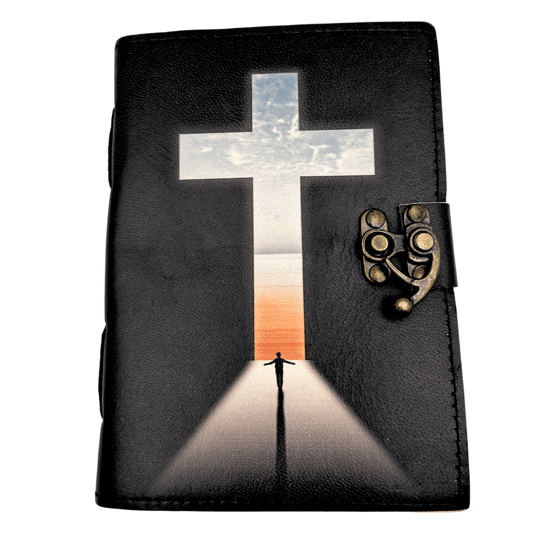 Leren notitieboek kruis religieus gebedenboek met gravure