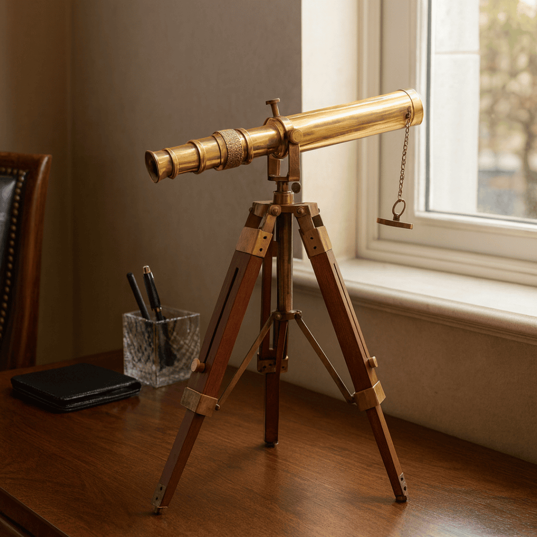 Retro messing telescoop op houten driepoot met verstelbare hoogte en graveeroptie