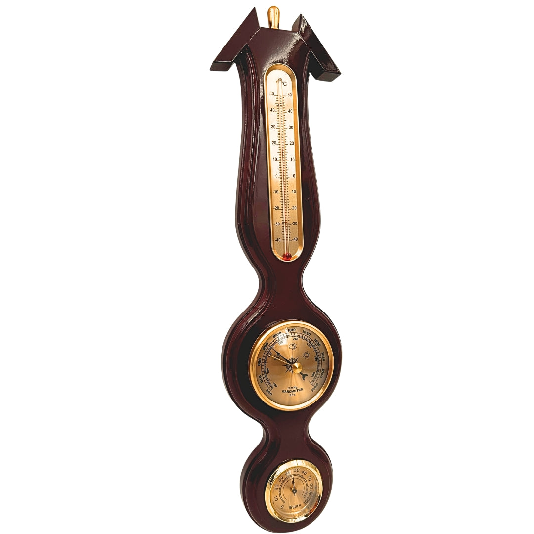 Elegant 3-in-1 weerstation met gravure – thermometer, barometer, hygrometer in donker hout, 40cm