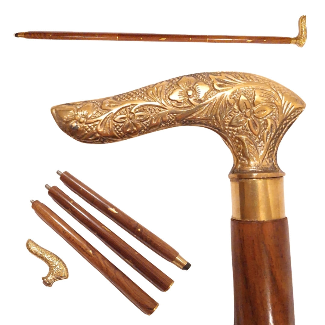 Opvouwbare wandelstok DNU-015 met houten schacht en messing handgreep