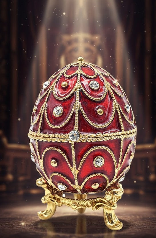 Exclusief metalen Fabergé-doosje met kristalletjes in rood-gouden kleur, mogelijkheid tot personalisatie door gravure, ideaal als cadeau, afmetingen 5,5x6,5cm
