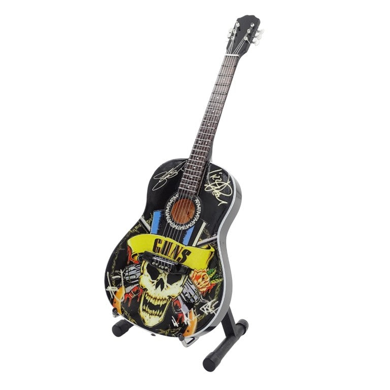 Mini klassieke gitaar Guns N' Roses Tribute MGT-3124 met mogelijkheid tot personalisatie met gravure, ideaal als cadeau voor een gitarist, gemaakt van mahoniehout, hoogte 25 cm