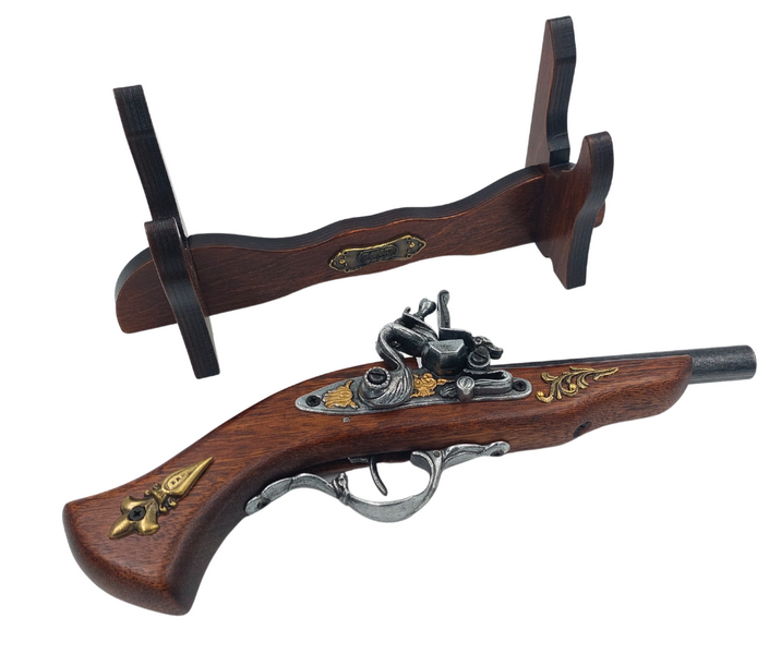 Replica van een Italiaans pistool uit de XVII eeuw op standaard met mogelijkheid tot personalisatie met gravure - elegant decoratief element als cadeau, gemaakt van hout en gepolijst metaal, lengte 30 cm