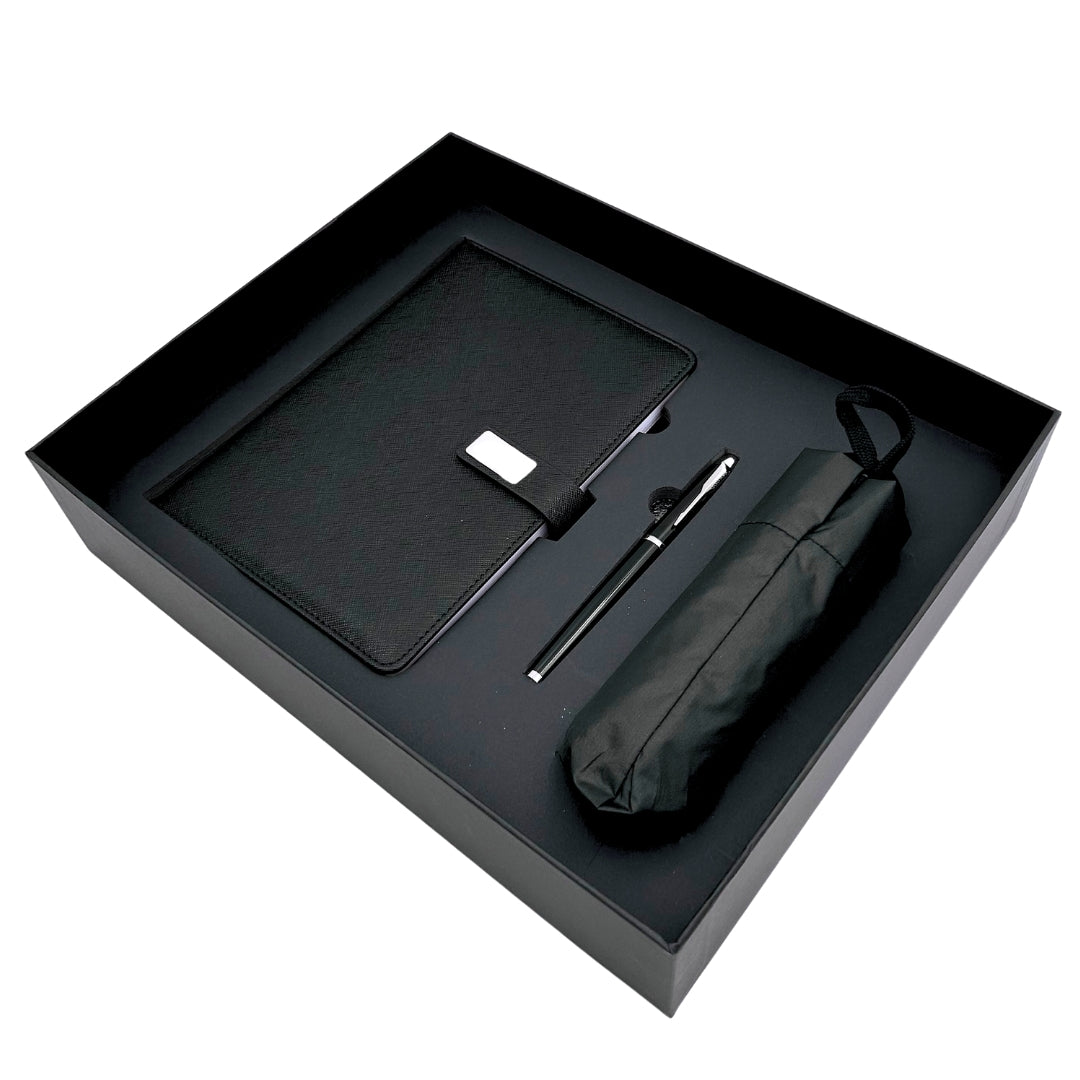 Elegante cadeauset met personalisatie - leren notitieboek A5, pen en zwarte paraplu in geschenkdoos