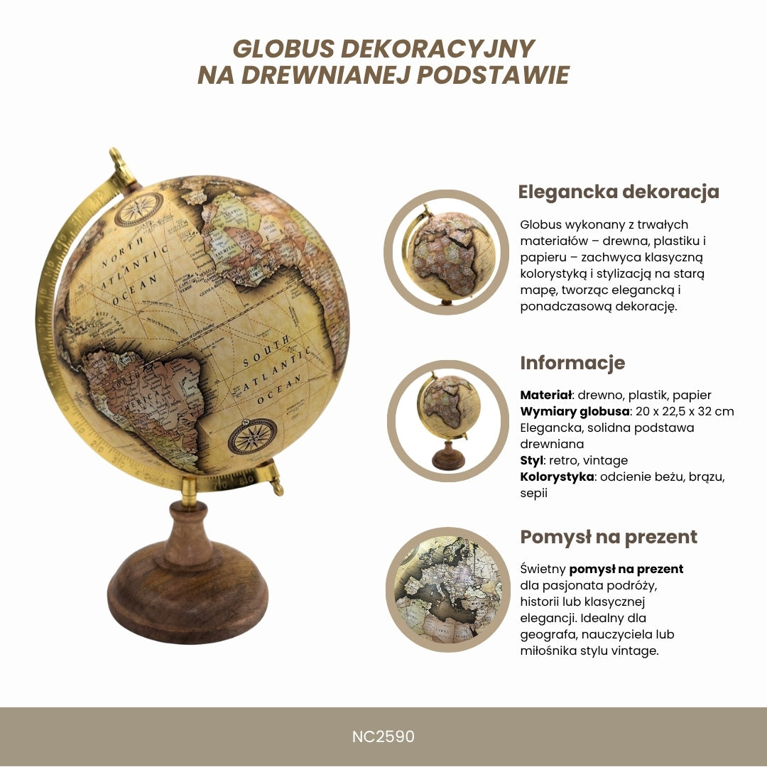Stijlvolle decoratieve retro globe op houten voet 32 cm met personalisatiemogelijkheid door gravure